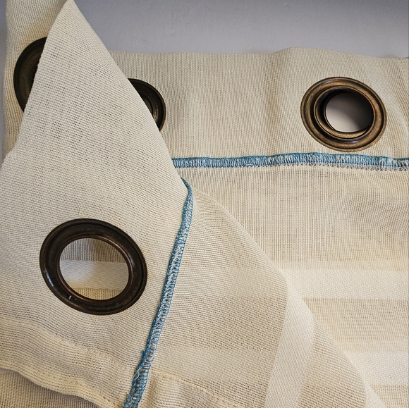 Two tan teal white cream striped 8 bronze grommet short drapes 50x67" - Picture 5 of 8